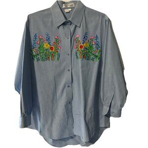Vintage Casey Coleman Denim Floral Embroidery Graphic Shirt Size 1XL